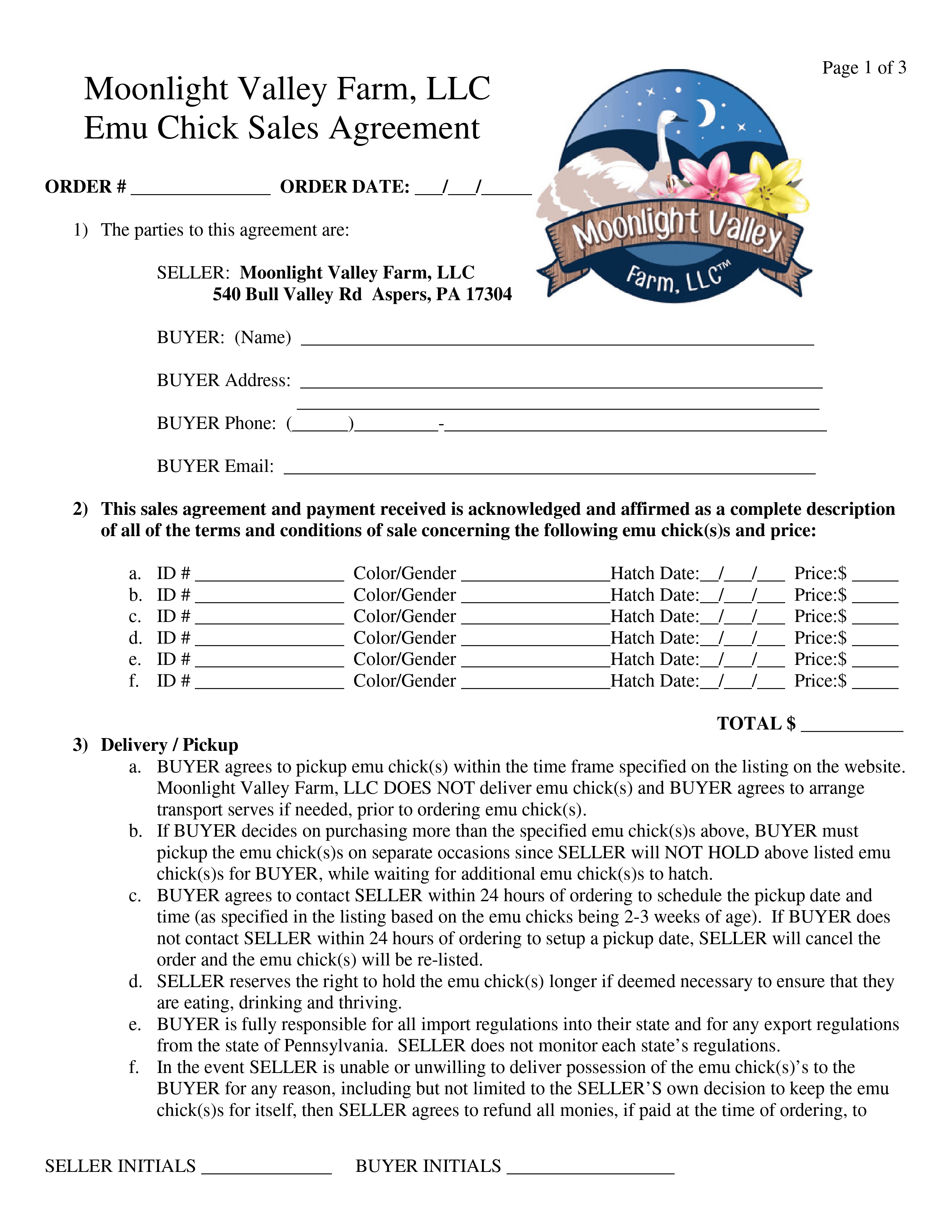 Emu Chick Sales Agreement