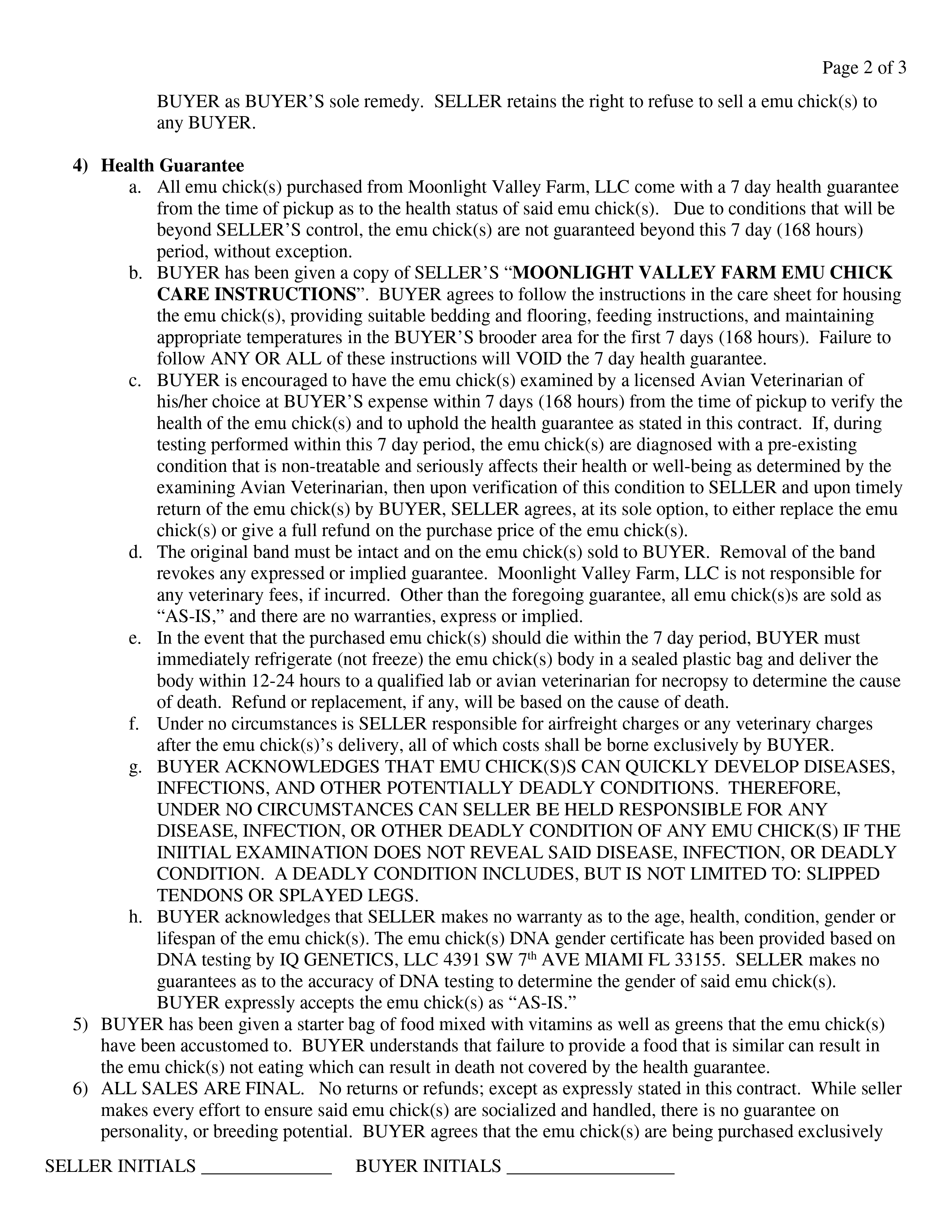 Emu Chick Sales Agreement