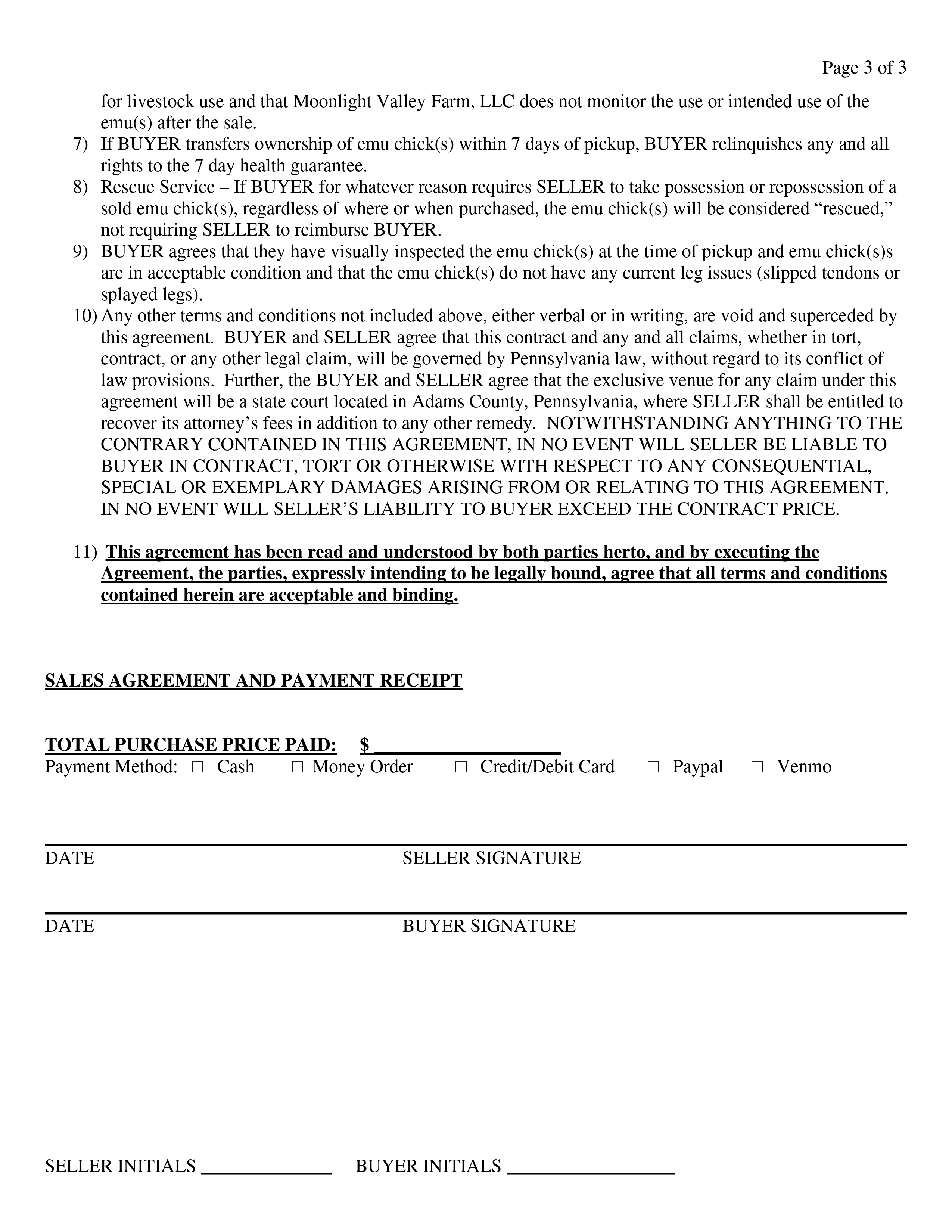Emu Chick Sales Agreement
